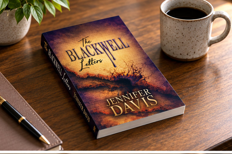 A single signed paperback of The Blackwell Letters resting on a wooden desk beside a cup of coffee.